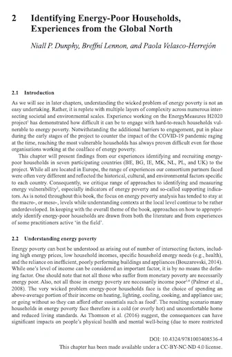 First page of open access book chapter "Identifying Energy-Poor Households, Experiences from the Global North"  by Niall P. Dunphy, Breffní Lennon and Paola Velasco-Herrejón