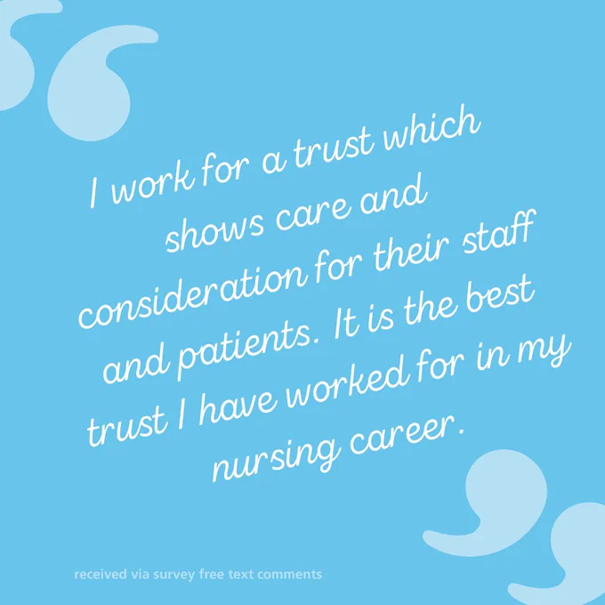 Graphic with the text " I work for a Trust which shows care and consideration for their staff and patients. It is the best Trust I have worked for in my nursing career."