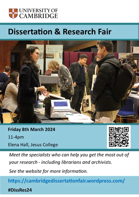 Poster for the Dissertation & Research Fair, Friday 8th March 2024. Includes a photograph of previous fair depicting a stallholder speaking with a visitor.