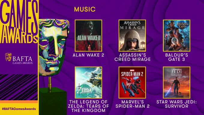 A purple graphic card with a topographic map look to it. The card is titled "Games Awards" and the iconic BAFTA mask sits to the right of the title. The mask is stylised with retro computer graphics over it. The heading is ‘Music’. Stills of the following nominees are laid out in two rows:
Top Row: Alan Wake 2, Assassin’s Creed Mirage and Baldur’s Gate 3
Bottom Row: The Legend of Zelda: Tears of the Kingdom, Marvel’s Spider-Man 2 and Star Wars Jedi: Survivor
