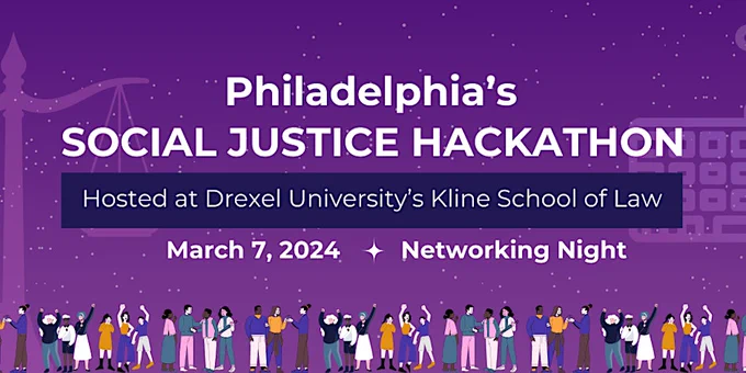 #SJHPHL themed logo - Launching Philadelphia Social Justice Hackathon 2024 with a knowledge-sharing community meetup at Drexel's Kline School of Law.