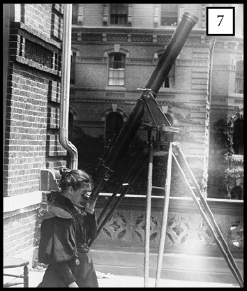 Student Annie Jump Cannon looks through a telescope outside College Hall on the Wellesley Campus.

Annie Jump Cannon, ’84. (1880-1884). Wellesley College. https://jstor.org/stable/community.2546514