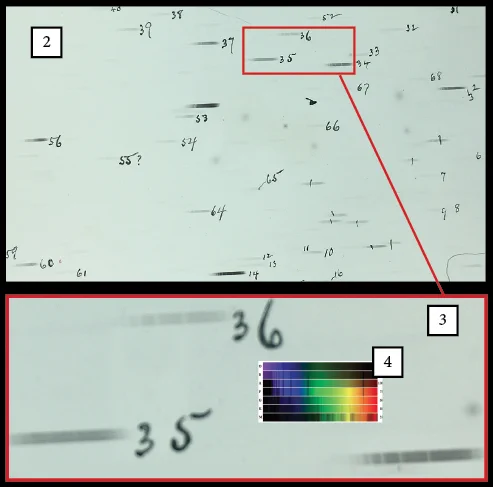 Annie Jump Cannon's work with Spectra on glass plates. 

Source: Wargelin, M. (2018). Photograph of Plate i38727(1914). Center for Astrophysics | Harvard & Smithsonian, Photographic Glass Plate Collection, Cambridge, MA.
