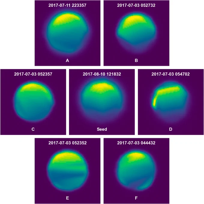 The six nearest neighbours (A - F) of the central "seed" image, as determined by the smallest Euclidean distance in 512 dimensional embedding space.