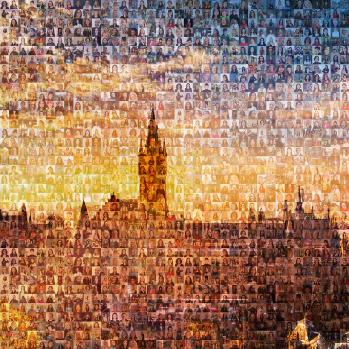 Lots of small photos of women which form together to create a mosaic image of the main building and tower at the University of Glasgow.