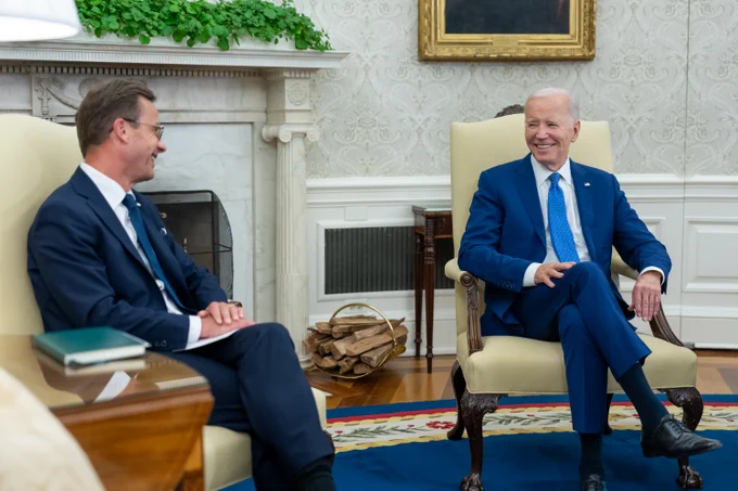 President Joe Biden holds a bilateral meeting with Prime Minister Ulf Kristersson of Sweden, Wednesday, July 5, 2023, in the Oval Office of the White House.