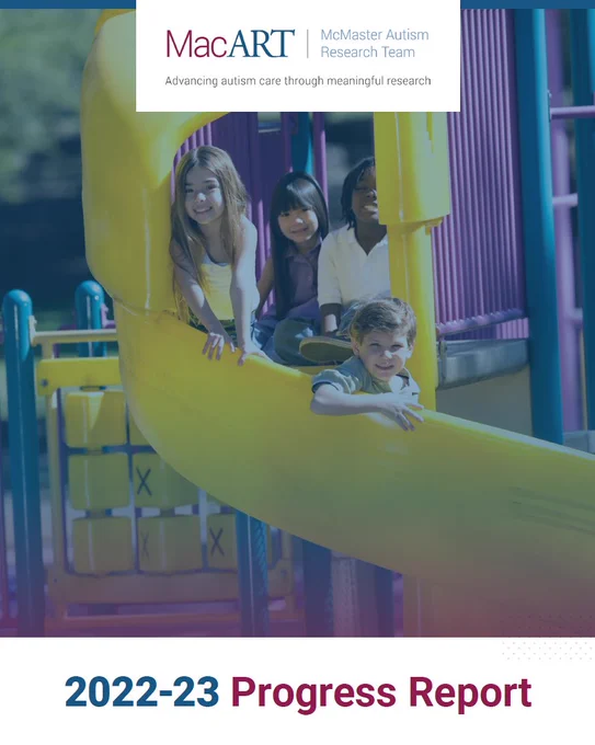 The cover of the 2022-2023 MacART progress report. Pictured is a group of kids at a playground on a yellow spiral-shaped slide.