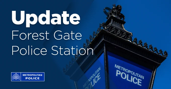 Blue graphic with a Metropolitan Police lamppost overlayed with text saying 'Update- Forest Gate Police Station'.
