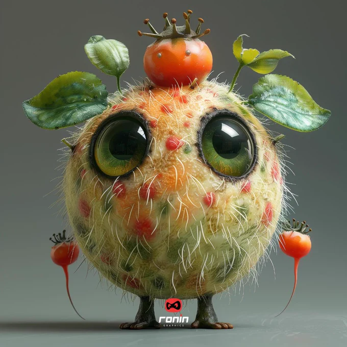 Artwork by Ronin Graphics • 3d veggie creature holding tomatoes 