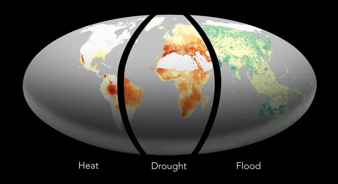  A map of the Earth highlighting areas affected by extreme heat, drought, and flooding. Those areas are highlighted in yellow, orange, red, green, and blue. 