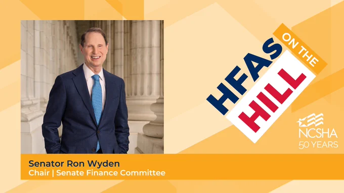 Portrait of Ron Wyden, #HFAsOnTheHill and NCSHA Logos