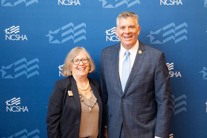 Representative Darin LaHood and Kristin Faust of the Illinois Housing Development Authority