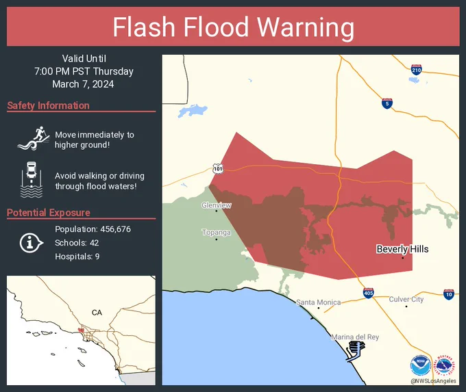 This graphic displays a flash flood warning plotted on a map. The warning is in effect until 7:00 PM PST. The warning includes Beverly Hills CA.  This warning is for West Central Los Angeles County in southwestern California. Avoid walking or driving through flood waters! Move immediately to higher ground! There are 456,676 people in the warning along with 42 schools and 9 hospitals.