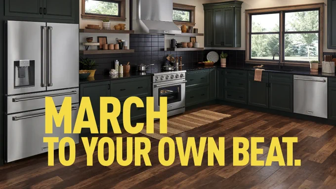 [text] "March to your own beat." over a picture of a kitchen. 