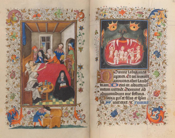 Deathbed (left) and Souls Tormented in Purgatory (right)

“The Hours of Catherine of Cleves”

Illuminated by the Master of Catherine of Cleves

The Netherlands, Utrecht, ca. 1440

The Morgan Library & Museum, New York, MS M.917/945, p. 180–fol. 97r. Purchased on the Belle da Costa Greene Fund and through the generosity of the Fellows, 1963 and 1970. Photography by Janny Chiu.