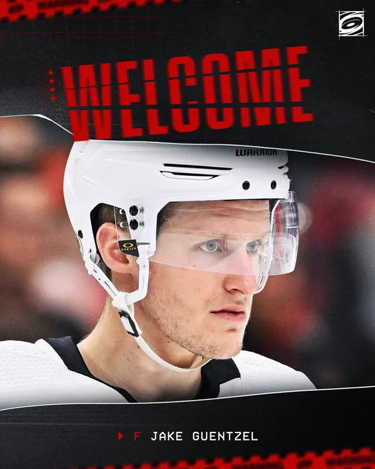 Graphic welcoming Jake Guentzel to Carolina 