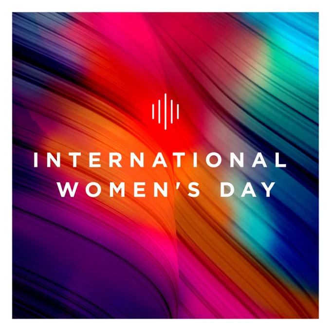 Playlist cover with text: International Women's Day. A bright abstract image with flowing lines and dappled warm colours