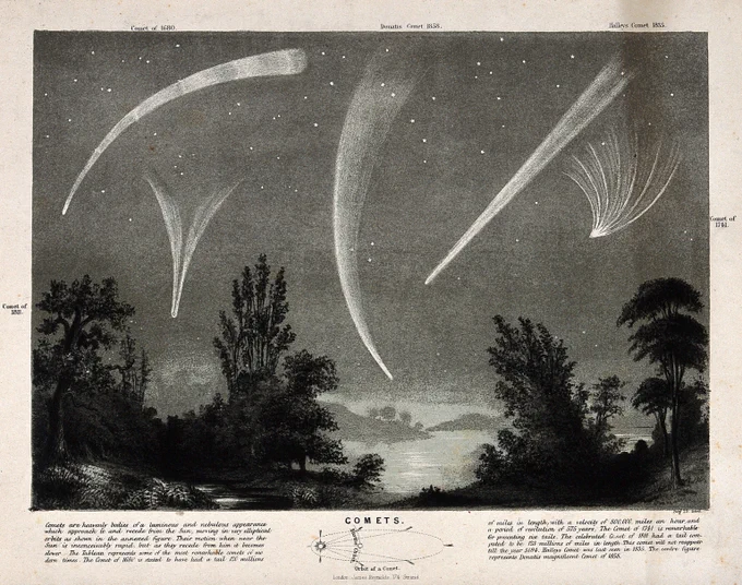 The shapes of five exceptionally bright and beautiful comets, depicted in an engraving dated 23 September 1860.

From left to right, the image shows the Great Comet of 1680 (official name: C/1680 V1), the Great Comet of 1811 (C/1811 F1), Comet Donati (C/1858 L1), Comet Halley (1P/Halley) and the six-tailed Great Comet of 1744 (C/1743 X1, mislabelled in the original image).