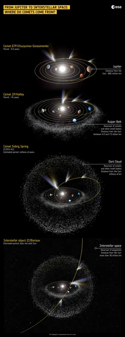 Infographic showing the origins of comets: Jupiter-family comets, Kuiper belt comets, Oort Cloud comets or interstellar comets.