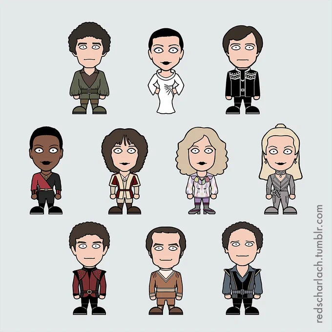 Cartoon versions of the cast of Blake's 7, as drawn by me, RedScharlach. The characters featured are Blake, Servalan, Avon, Dayna, Cally, Jenna, Soolin, Tarrant, Vila and Gan.