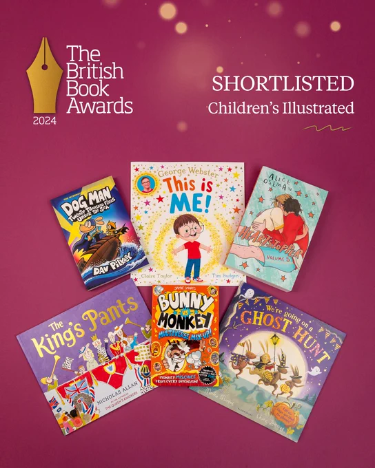 A pink background with six books scattered. In the top left corner is The British Book Awards' logo and in white text reads: Shortlisted Children's Illustrated.
