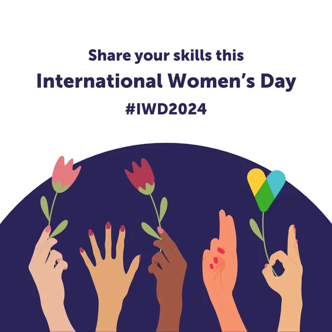 [Image: Fives hands rising up in front of a dark blue background, with three holding flowers, one with Reach's heart-shaped logo. Above the hands is text that reads 'Share your skills this International Women's Day #IWD2024] 