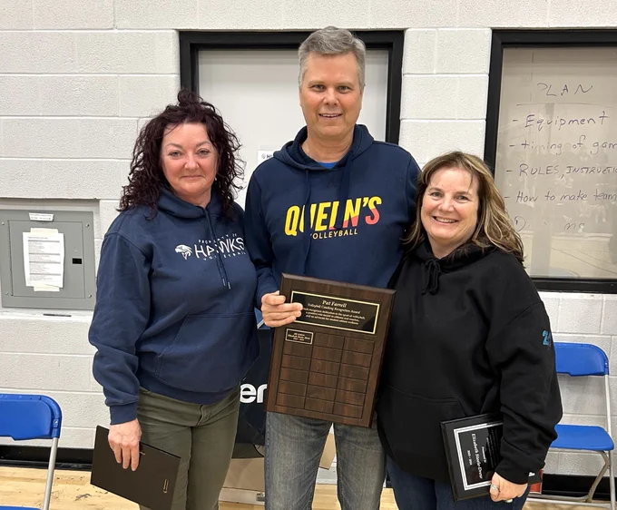The Pat Farrell Volleyball Coaching Recognition Award was given to two coaches from Limestone District School Board (LDSB) who are also retiring this year: L-R Jill Ardern, Pat Farrell​ and Elizabeth Steele-Drew. 