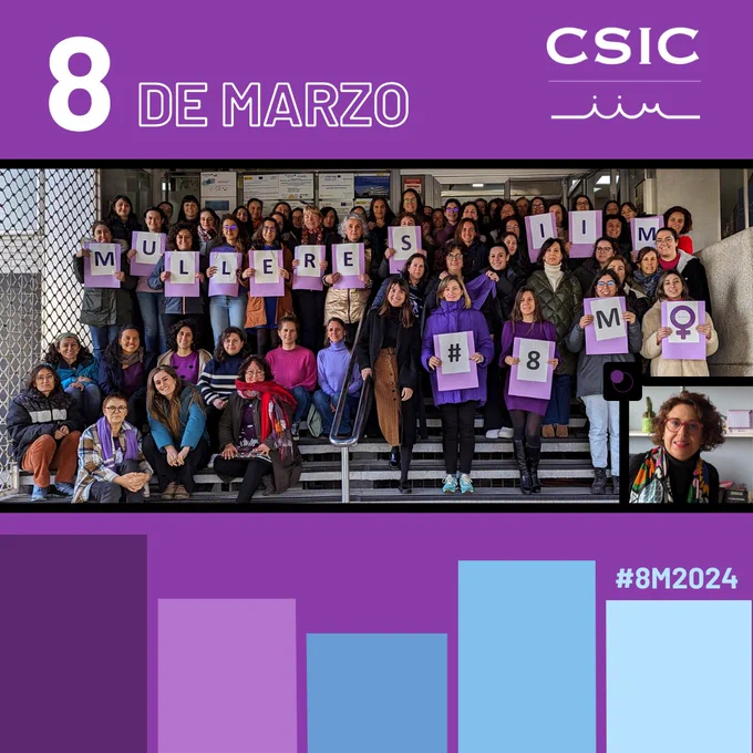 Fotografía con marco violeta en varios tonos. Na parte superior "8 de amrzo", na marxe esquerda" e na marxe dereita on logo do IIM-CSIC en branco. Na parte inferior, en pequeno, "#8M2024". No centro, fotografía das mulleres do IIM suxeitando carteis cunhas letras que conforman a frase "MULLERES IIM #8M" e o símbolo de femia en morado co logo do IIM no centro.