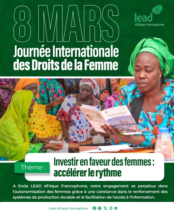 #leadinaction
Journée Internationale des Droits de la Femme
 "Investir en faveur des femmes : accélérer le rythme"
A Enda LEAD AF, notre engagement se perpétue dans l'autonomisation des femmes grâce à une constance dans le renforcement des systèmes de production durable et la facilitation de l'accès à l'information.
🥳Bonne célébration de la journée 
internationale des droits de la femme
#JIF2024
#femme
#AutonomisationDesFemmes
#autonomisation
#productiondurable
#femmeleader
#kebetu