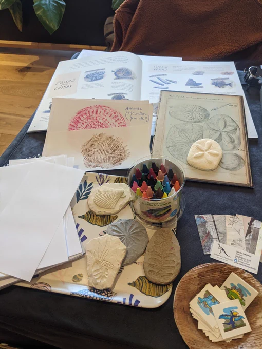 Fossil rubbing activity with crayons, paper and fossils. Temporary dinosaur tattoos. 