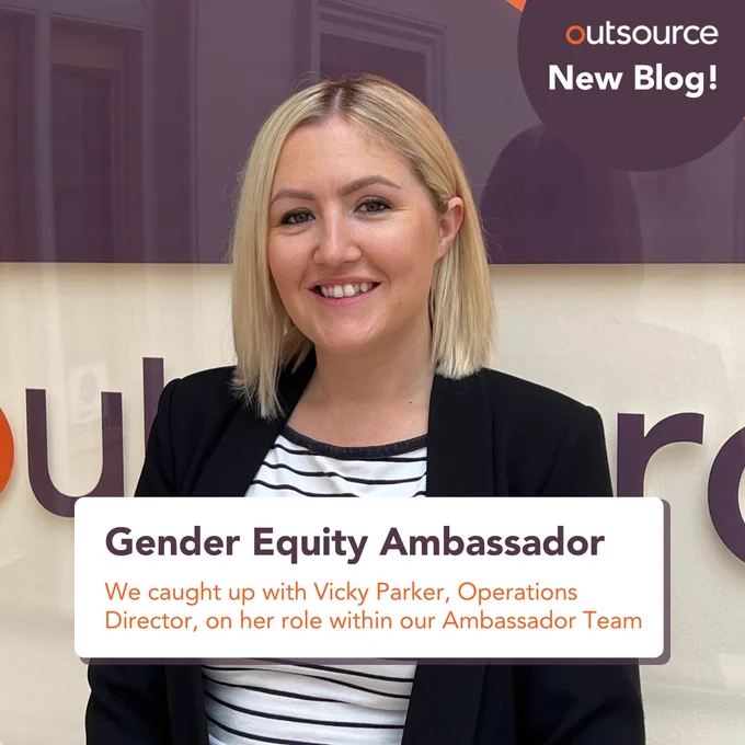 Photo of Vicky Parker, with the words in front 'New Blog! Gender Equity Ambassador. We caught up with Vicky Parker, Operations Director, on her role within our Ambassador Team.'