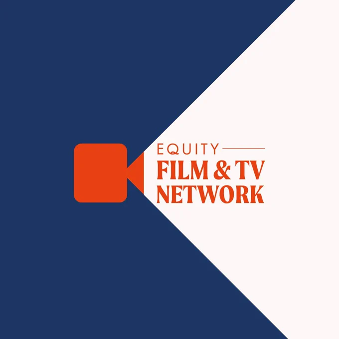 Image is a graphic which depicts a red projector on the left hand side of the image on a navy blue background, illuminated on the right hand side of the image on a cream background are the words “Equity Film & TV Network”