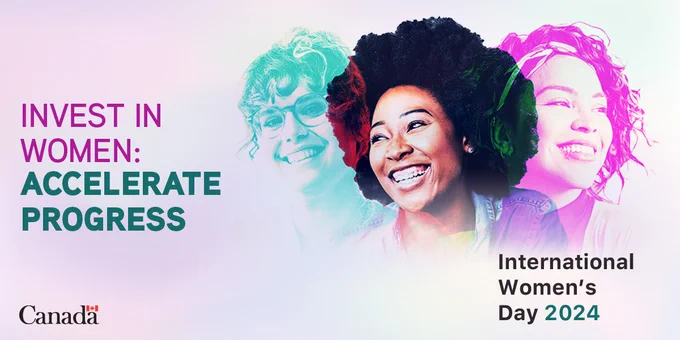 Image featuring three women from various ages and ethnic backgrounds as well as this year’s theme "Invest in Women: Accelerate Progress" on a lavender coloured, cloud-like background. The name of the day “International Women’s Day 2024” is in the bottom right corner, and the Canada wordmark is in the bottom left corner, also on the lavender coloured background.