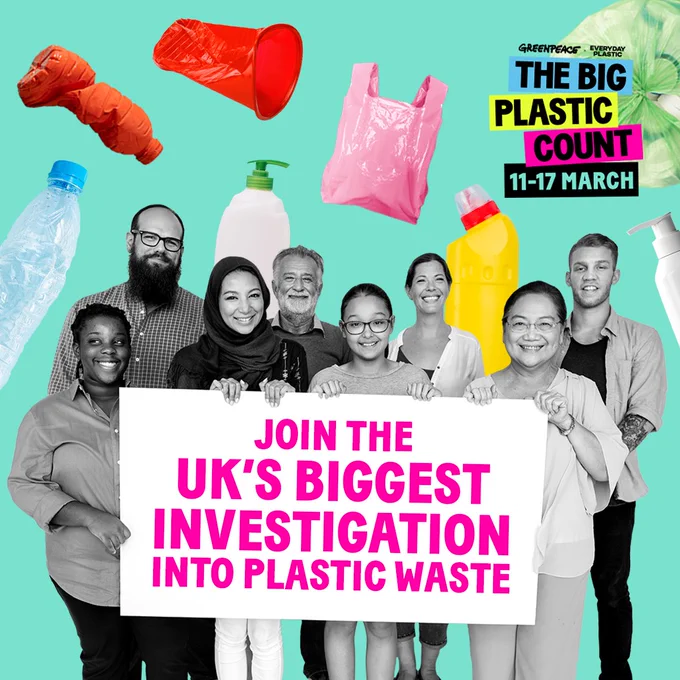 graphic of people surrounded by plastic with text 'join the UK's biggest investigation into plastic waste' 