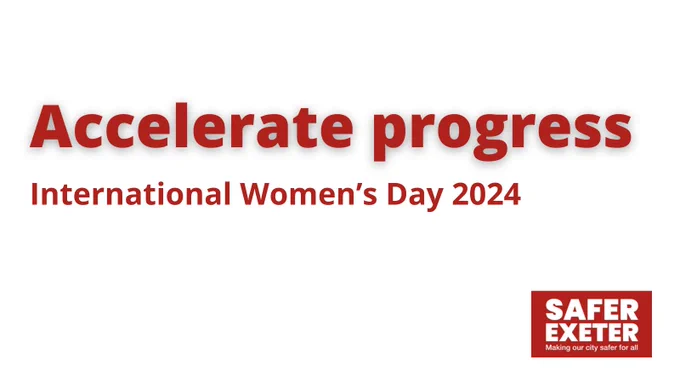 Red writing on white background reads 'Accelerate progress International Women's Day 2024"