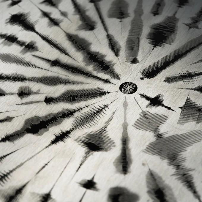A close-up view of the Europa Clipper vault plate showing the fine detail of the engraved waveforms, radiating outwards with sharp contrasts of light and shadow, exemplifying the diverse linguistic representation of 'water.' The waveforms present as audio frequency waves. The vault plate is metal silver and the engravings are black. 