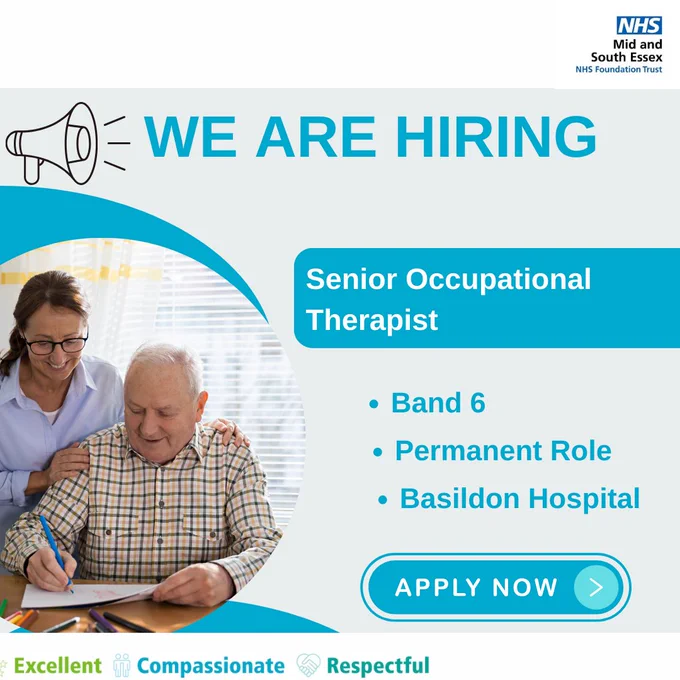 Poster advertising the Senior Occupational Therapist vacancy with MSE.  To the left of the poster picture of an occupational therapist with an elderly patient


