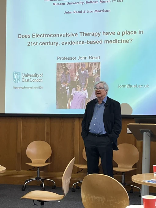 Does Electroconvulsive Therapy have a place in 21st century evidence based medicine? Holding Hope Lightly. Prof John Read . John standing speaking to audience