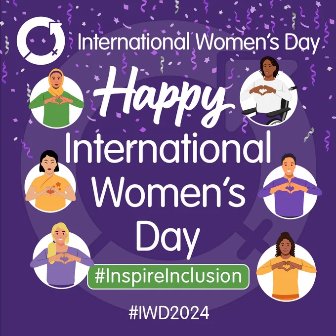 Six female figures of different ethnicities making heart shapes with fingers with words “Happy International Women’s Day #InspireInclusion #IDW2024