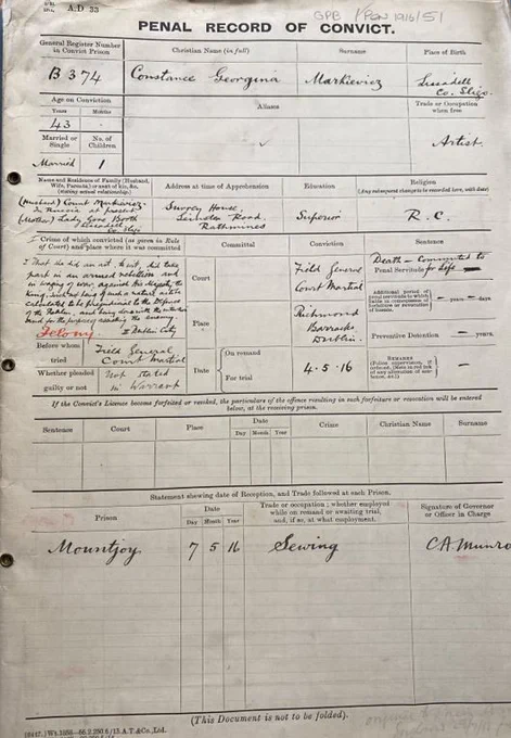 Cover of Constance Markievicz's prison file from the General Prisons Board GPB/PEN series at the National Archives