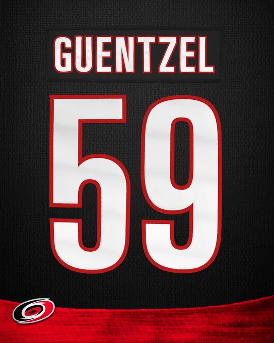 Graphic of the back of a black Hurricanes jersey, announcing Jake Guentzel is wearing number 59