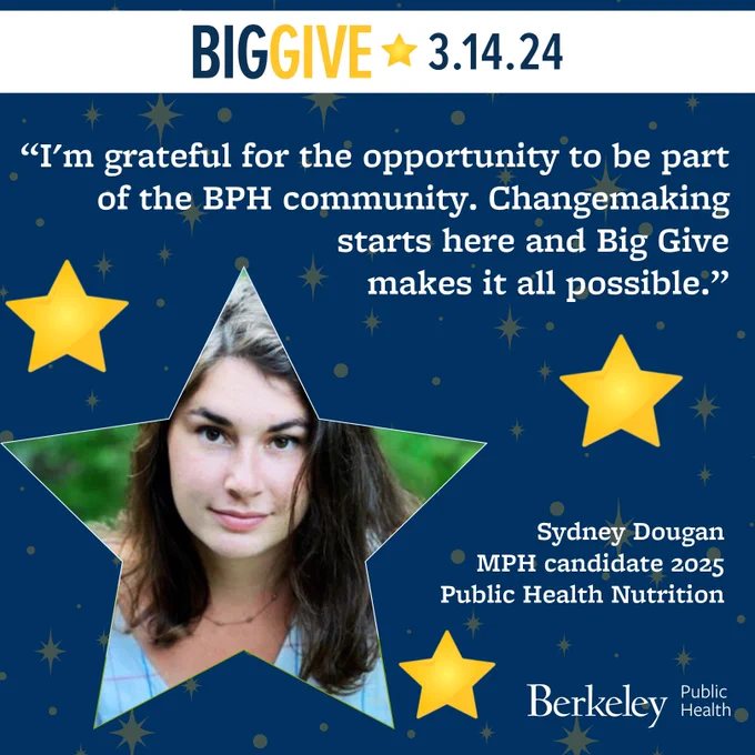 Blue background with stars with Sydney Douhan. Text: "BIG GIVE 3.14.24. I'm grateful for the opportunity to be part of the BPH community. Changemaking starts here and Big Give makes it all possible. Sydney Dougan MPH candidate 2025 Public Health Nutrition."