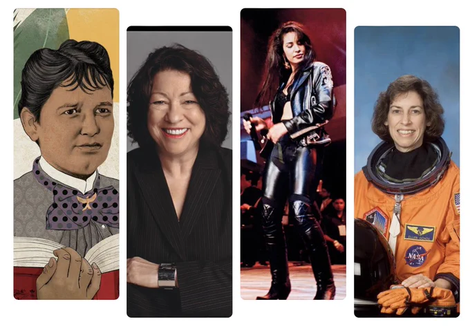 Four columns show the pictures of (L to R) poet Lola Rodriguez de Tió, Supreme Court Justice Sonia Sotomayor, singer Selena Quintanilla, and astronaut Ellen Ochoa.