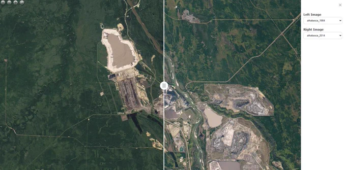 Zoomable Batch: Comparison Viewer. Satellites images of different periods (1984, 1993, 2004, 2014) of Athabasca Oil Sands by NASA.