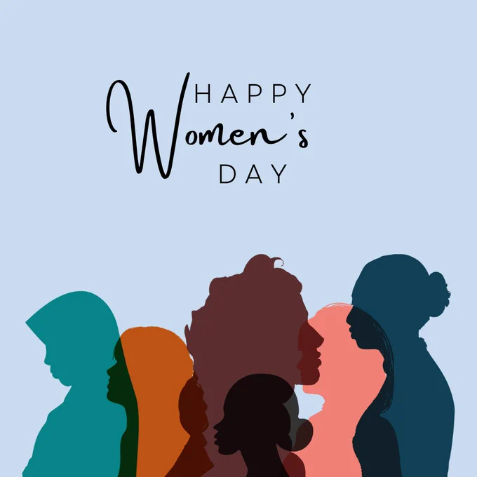 A graphic featuring the text 'Happy Women's Day' over a background of silhouette portraits representing diverse women.