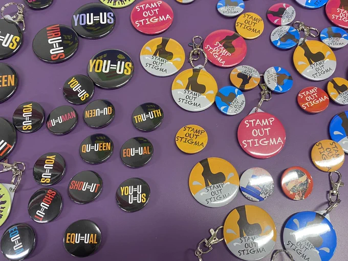 Amazing badges for sale made by women living with HIV sharing messages with U=U and stamp out stigma