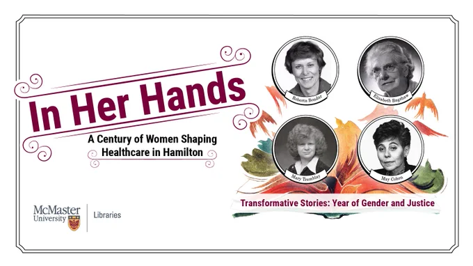 Poster with the text In Her Hands: A Century of Women Shaping Healthcare in Hamilton. Includes images of Elizabeth Bagshaw, Mary Tremblay, May Cohen, and Roberta Bondar. 
