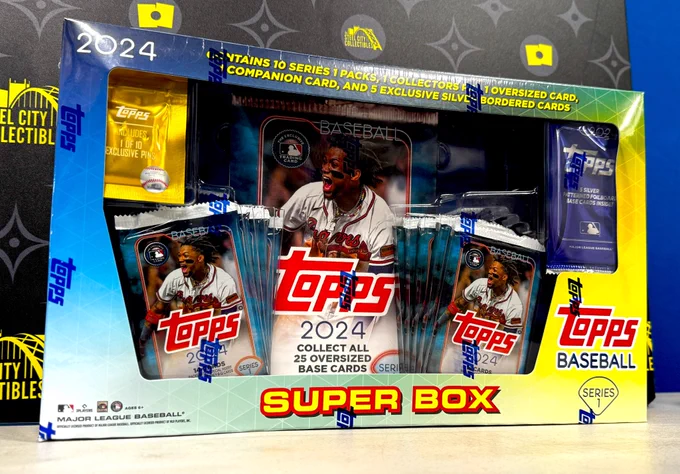 2024 Topps Series 1 Baseball Super Box

Configuration: 14 cards per pack. 10 packs per box.

Look for 1 Oversized Base Card, 1 Companion Card, 5 Base Card Silver Crackle Parallels, 10 Stars Of MLB Insert Cards, and 1 Wrapped Enamel Pin per box. Chase Retail Exclusive hits.

Shop now on SteelCityCollectibles.com