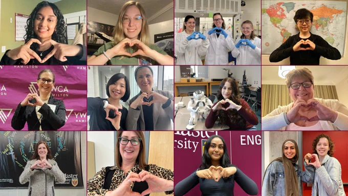 A collage of women posing with heart hands