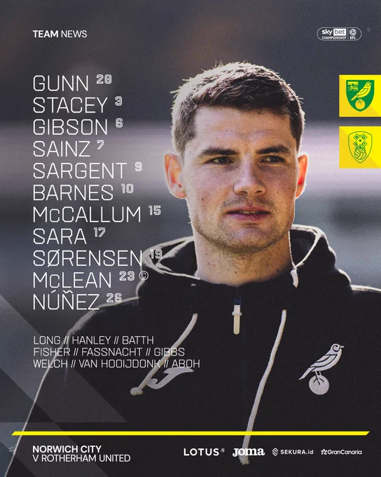 Norwich City XI to face Rotherham United in number order; Gunn, Stacey, Gibson, Sainz, Sargent, Barnes, McCallum, Sara, Sørensen, McLean, Núñez. 